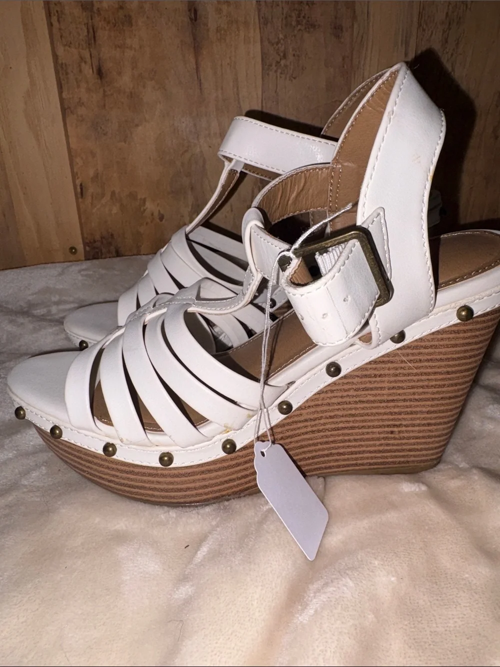 #132 Report White Strappy Wedge Sandals with Studded Wood-Effect Platform